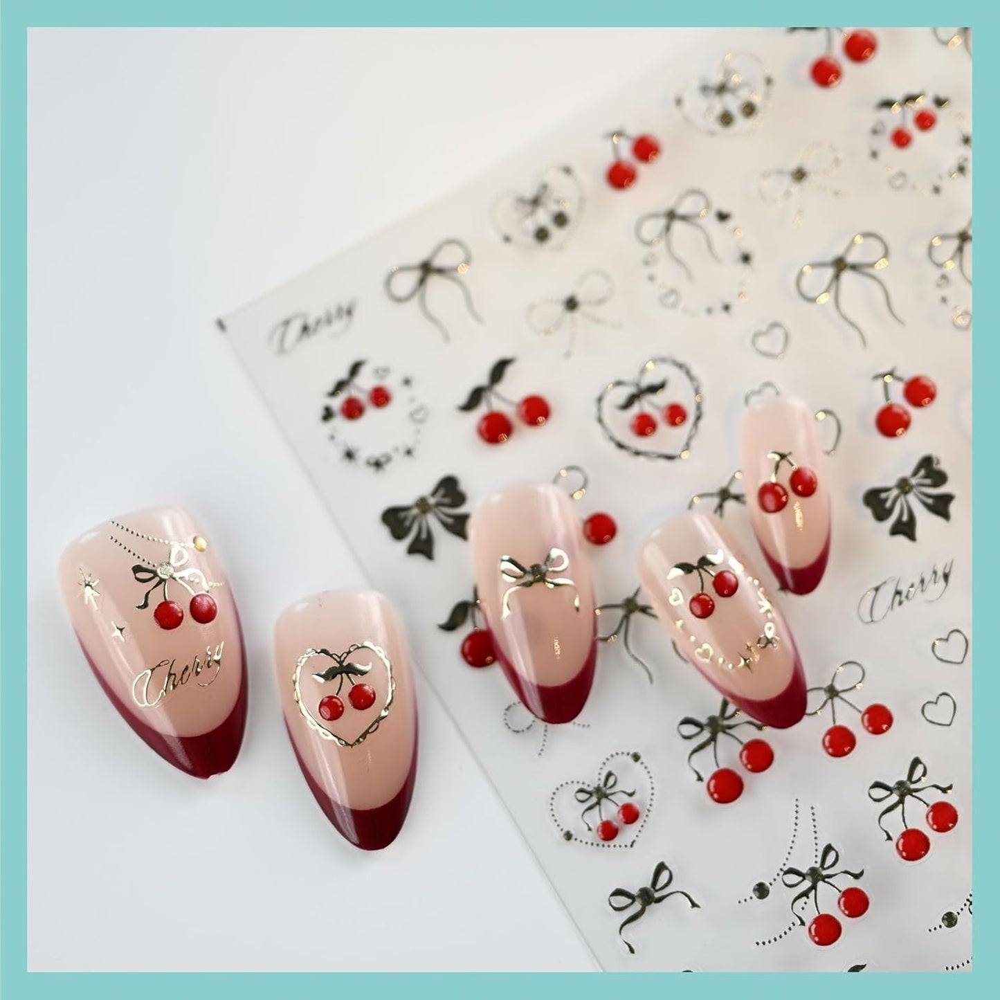 Cherry Bow Nail Art Stickers, Embossed Fruit Nail Decals, Self-Adhesive, Summer Spring Accessories for Women, Nail Decorations