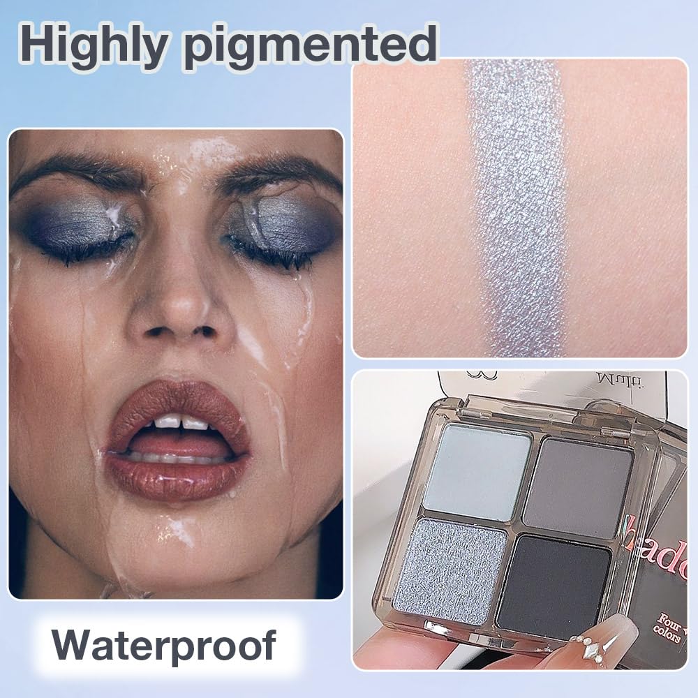 Eyeshadow Quads Smoked Blendable Glitter Matte Eyeshadow Palette,Light Grey Silver Black Sparkly Four Eyeshadow Palette Makeup,Everyday Nature Long-Lasting Waterproof Smokeds Women Girls Eyeshadow 4#