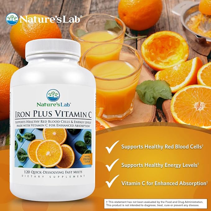Nature's Lab Iron Plus Vitamin C Fast Melt Tablets - Gentle on the Stomach Carbonyl Iron, High Absorption for Healthy Red Blood Cells* - 120 Tablets