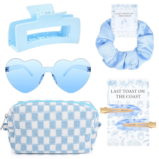 5PCS Last Toast on the Coast Bachelorette Party Gifts Bridesmaid Proposal Gifts Bachelorette Favors Beach Hair Clips Hair Scrunchies Bridesmaid Sunglasses Makeup Bag Wedding Favor Women Girls