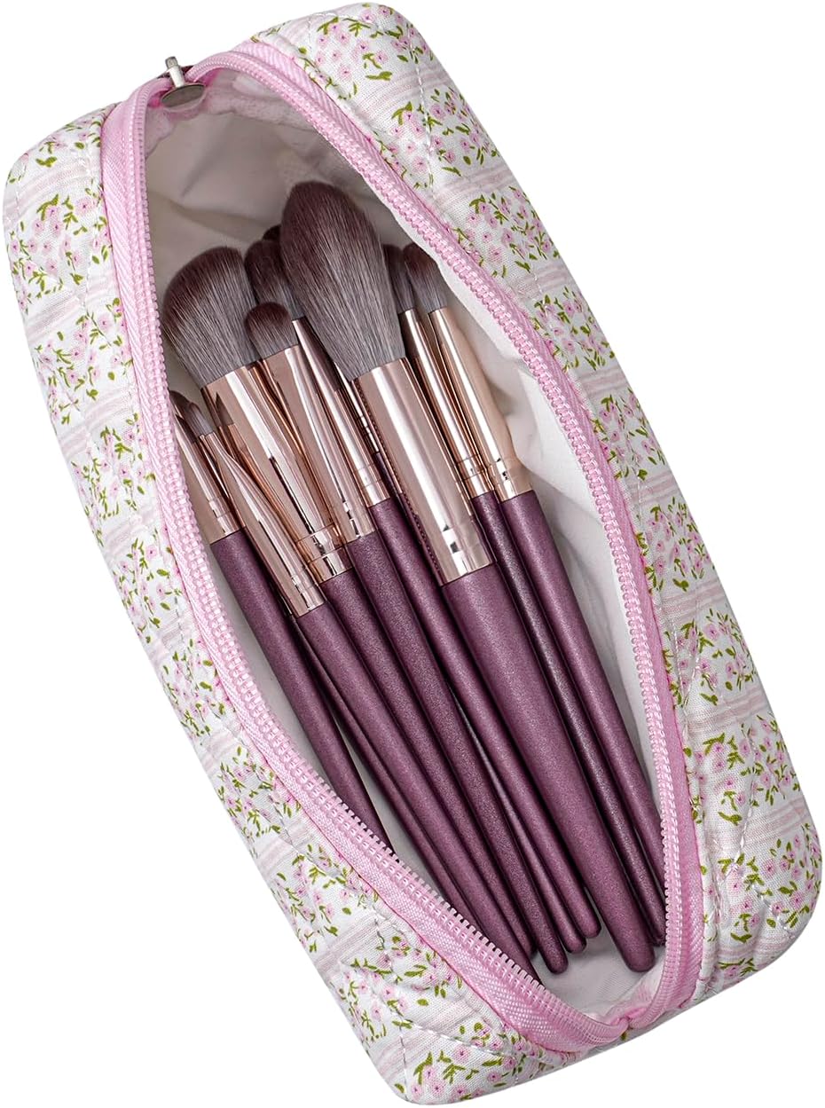 Cute Floral Cotton Makeup Brush Cosmetic Bag for Women, Travel Quilted Zipper Make Up Bag, Flowers Toiletry Organizer Case Kawaii Makeup Cosmetic Travel Cloth Pouch (Pink+Big Red Floral)
