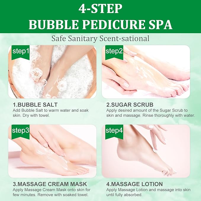 Pedicure Kit Foot Soak Set: Bubble Salt, Sugar Scrub, Massage Mask, Massage Lotion in a Box, 4 Step Foot Spa Kit for Dry Feet, Calluses and Tired Feet (1 Set Green Tea)