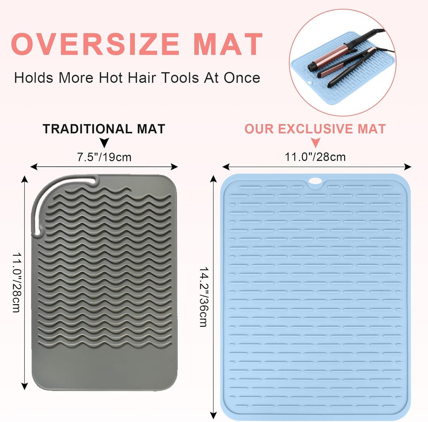 Oversize Silicone Heat Resistant Mat for Curling Irons, Flat Irons, Hair Straighteners and Hot Hair Styling Tools, Portable Hot Tools Sleeve Pad for Travel Vanity Salon(14.2" x 11.0")