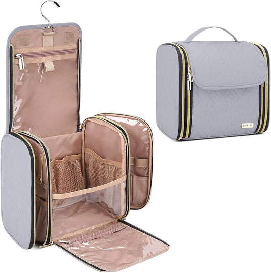 Hanging Toiletry Bag & Makeup Bag for Women with Jewelry Organizer - TSA Approved Large Capacity Travel Cosmetic Organizer, Waterproof Shower Essentials Case with Transparent Pockets