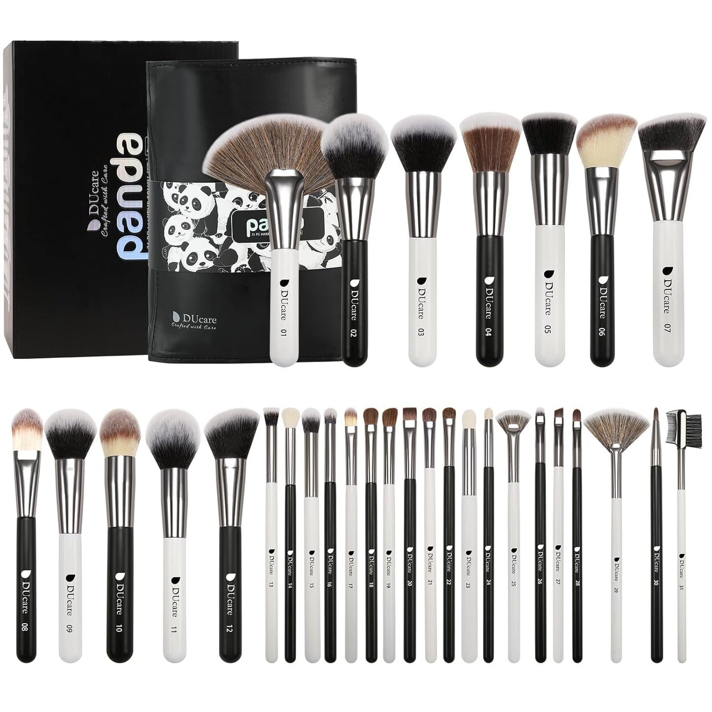 DUcare Professional Makeup Brushes Set 31Pcs Panda Series Makeup Brush Set Kabuki Foundation Blending Face Powder Blush Concealers Eye Shadows With Leather Case Organizer