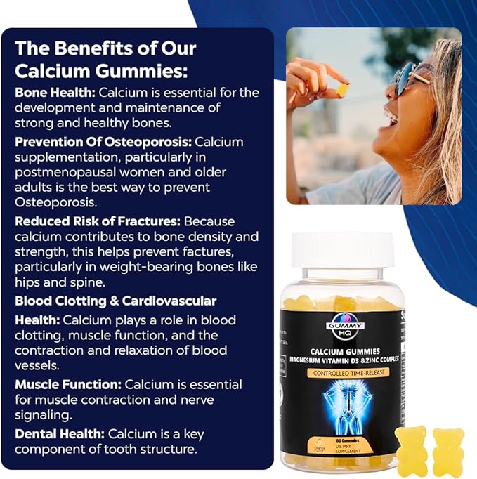 MAXIMIZE HQ Calcium Gummies - Supports Calcium Levels - Vitamin D3, Magnesium, and Zinc - Fruit Juice Extract - Time-Release Formula - Supports Bone Strength - Gluten Free