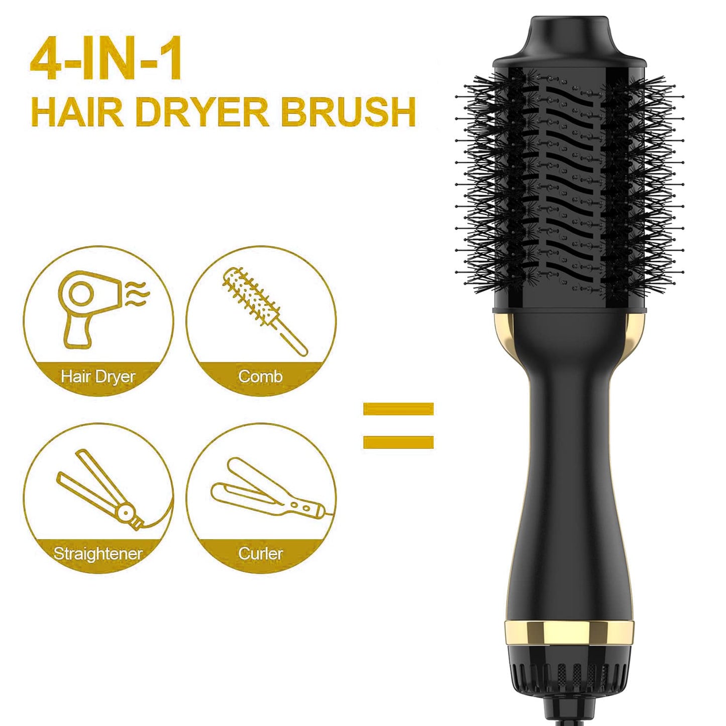 Hair Dryer Brush, 4 in 1 One Step Hair Dryer and Styler Volumizer Professional Hot Air Brush with Negative Ion Anti-frizz Blowout for Drying, Straightening Curling - Black Gold