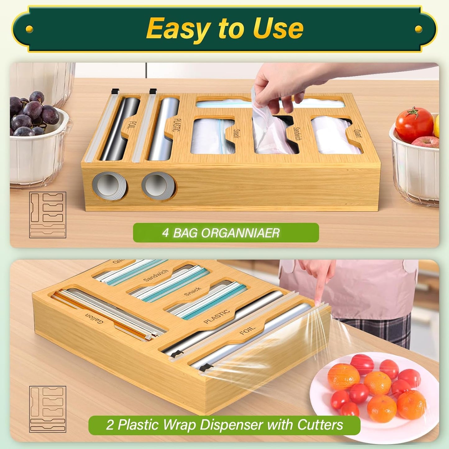 KOCWELL Bag Organizer and Plastic Wrap Dispenser with Cutter, 6 In 1 Bamboo Foil and Plastic Wrap Organizer for Kitchen Drawer, Food Storage Bag Organizer for Gallon,Quart,Sandwich,Snack(Yellow)