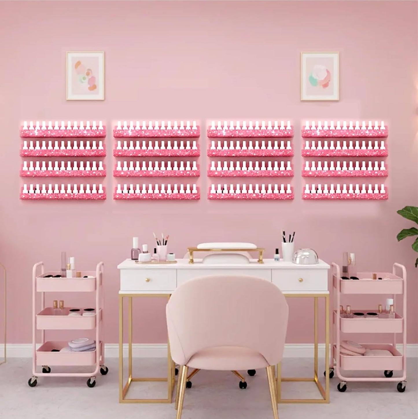 Care&More YJ 4 Pack 15 Inch Nail Polish Organizer，Diamond Crystal Rhinestone Acrylic Nail Polish Organizer，Sunglasses Essential Oil Picture Display Storage Pink