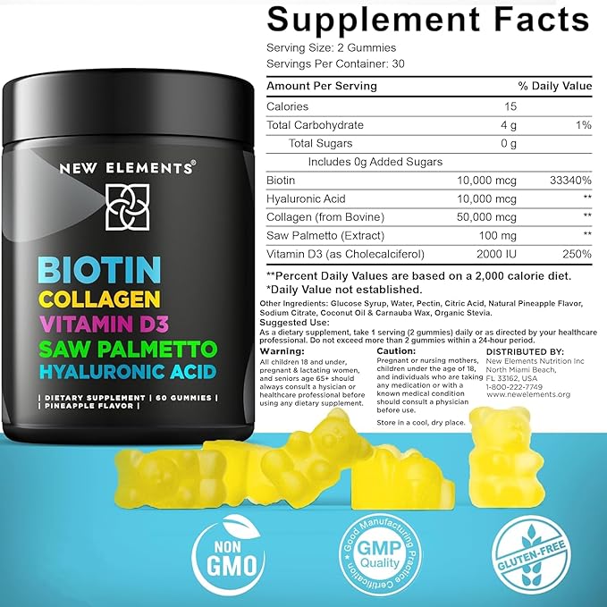 Biotin Gummies with Collagen Vitamin D3 Saw Palmetto & Hyaluronic Acid for Hair Skin and Nails, Hair Growth Supplement for Men & Women | Non-GMO | Gluten-Free | Natural Pineapple Flavor