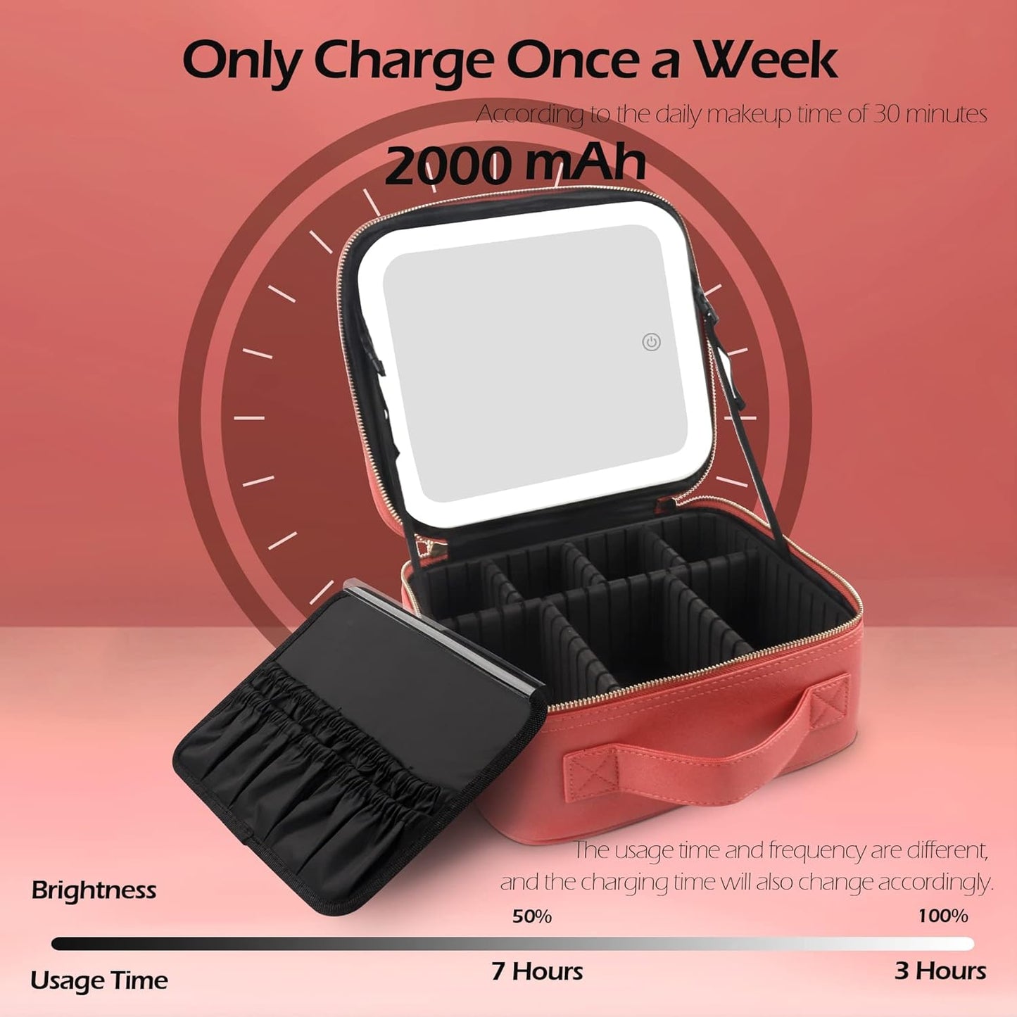 MOMIRA Travel Makeup Bag Cosmetic Bag Makeup Organizer Bag with Lighted Mirror, Adjustable Brightness in 3 Color Scenarios, Waterproof Makeup Train Case, Gift for Women - Red