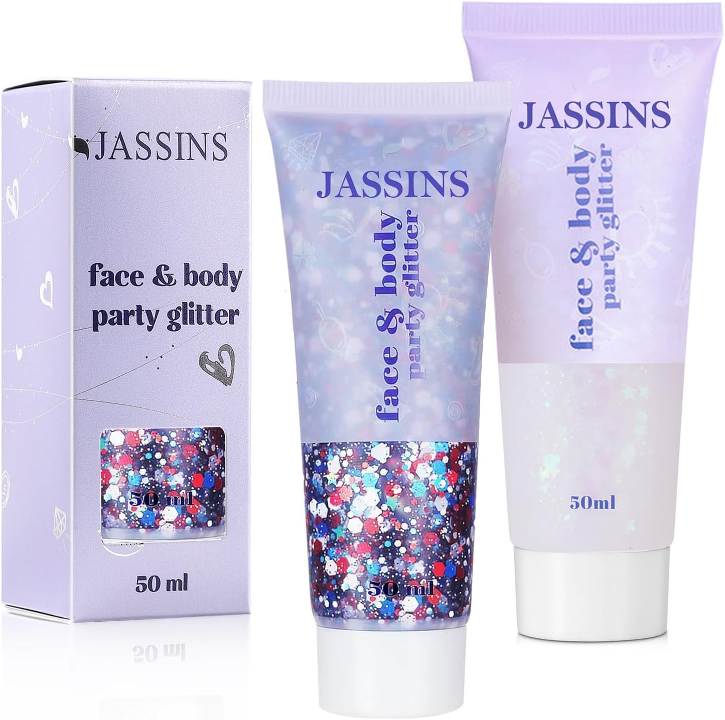 JASSINS 2PCS Body Glitter, 100ml Patriotic Pride Face Glitter Gel, 4th of July Outfits for Women Girls Kids, Glitter Makeup Tween Gifts, Festival Rave Accessories, Chunky Sequins Glitter