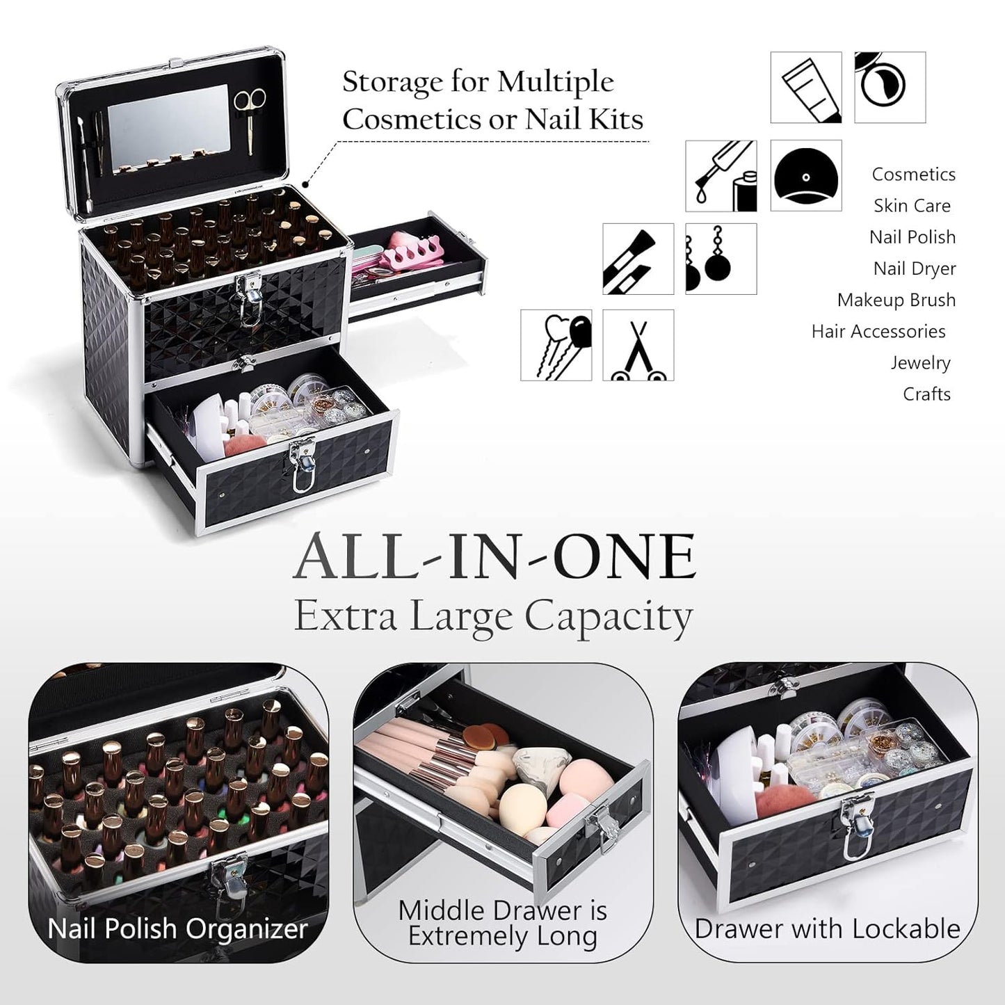 Frenessa Nail Polish Makeup Train Case with Drawer and Dividers Manicure Organizer Accessory Storage Makeup Box With Mirror Lockable Keys Nail Kit Organizer Cosmetic Case Jewelry Box - Black
