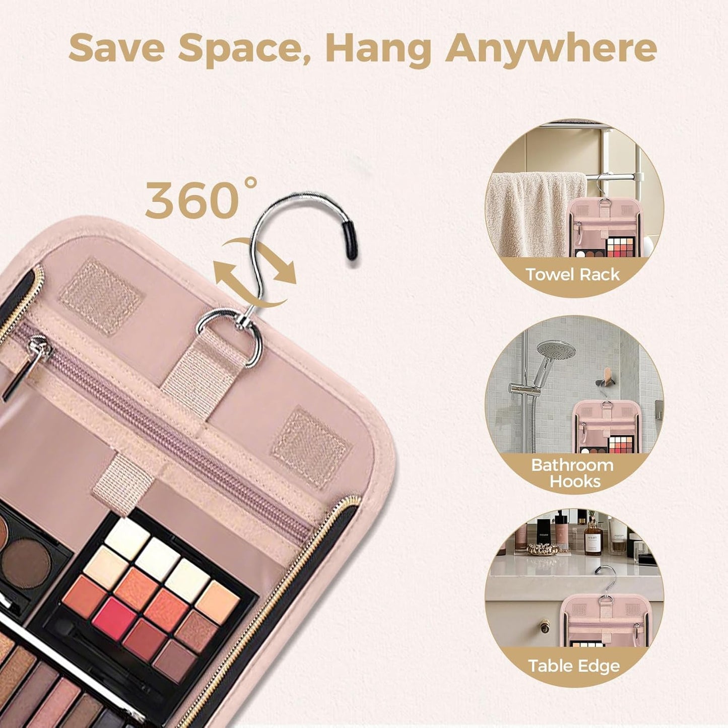 Hanging Toiletry Bag & Makeup Bag for Women with Jewelry Organizer - TSA Approved Large Capacity Travel Cosmetic Organizer, Waterproof Shower Essentials Case with Transparent Pockets, Pink