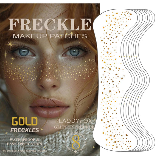 8 Pcs Gold Face Makeup Patches, Gold Glitter Freckles Face Tattoo, Glitter Freckles, Sparkle Makeup Patches, Waterproof Face Glitter Speckles Patches for Women