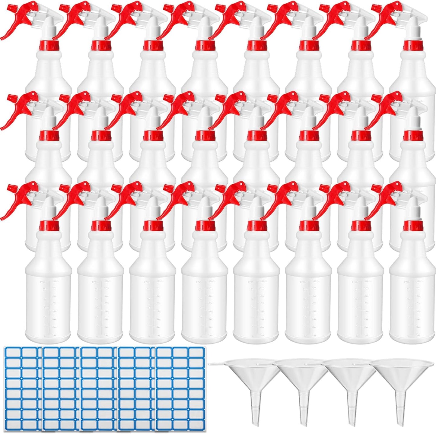 Zubebe 24 Pack 32 oz Plastic Spray Bottle Bulk Empty Leakproof Heavy Duty Spray Bottles for Cleaning Supplies Mist Bottles with Label and Adjustable Nozzle for Plant(Red and White,Clear Scale)