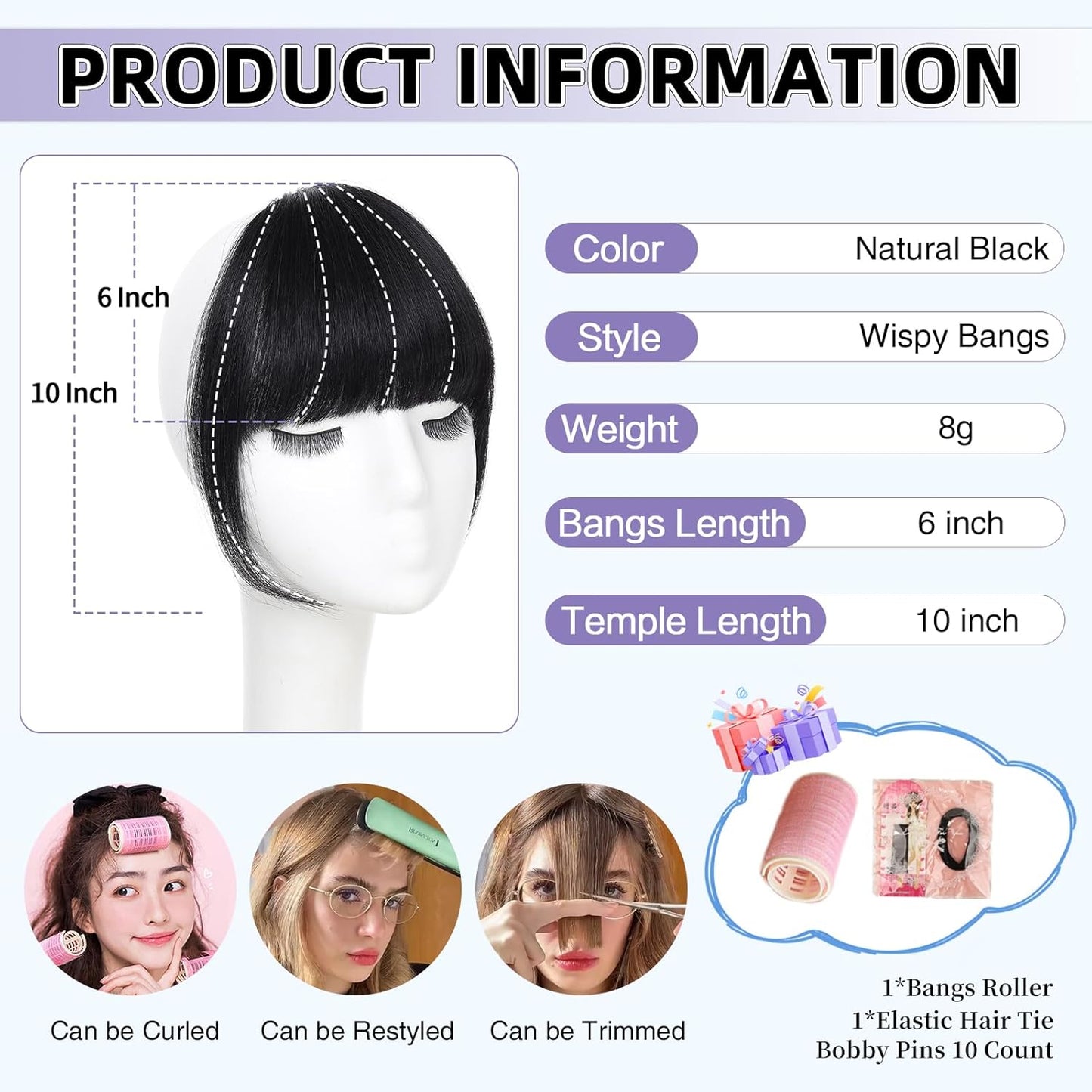 Wispy Bangs Hair Clip, 100% Human Hair Clip In Natural Black Bangs for Women, Soft Layered Fake Bangs with Feathered Fringe, Easy Clip-On Design for Daily Wear & Halloween