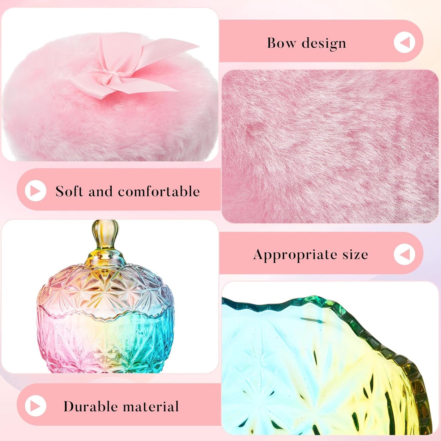 Tioncy 3 Pcs Large Body Powder Puff and Container Powder Container with Puff Crystal Case Soft Washable Reusable Velour Face Body Glitter Wet Dry Makeup(Chic,Colorful)