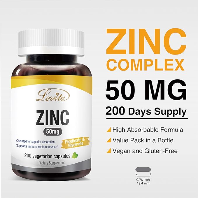 Lovita Zinc 50mg | Potent Highly-Absorbed Chelated Zinc Supplements, Picolinate & Bisglycinate | Vegan, Gluten Free, non-GMO | For Immune, Antioxidant Support & Healthy Skin | 200 Capsules (Pack of 3)