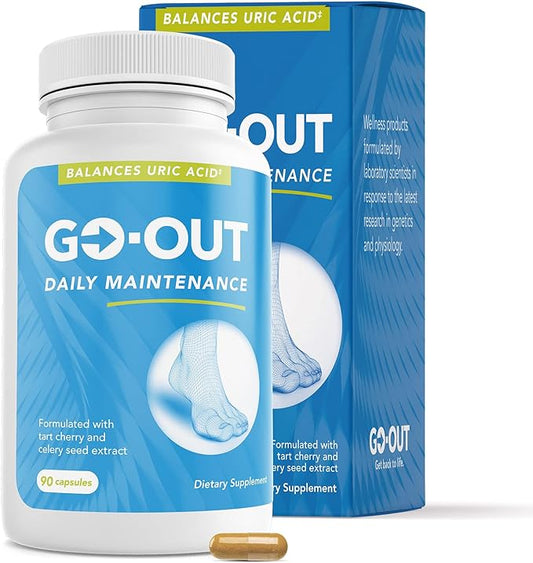 Go Out Daily Maintenance - Natural Uric Acid Support with Tart Cherry, Celery Seed, and Turmeric - Vegan, Non-GMO, Gluten-Free Supplement for Joint Comfort and Healthy Kidney Function 90 Capsules