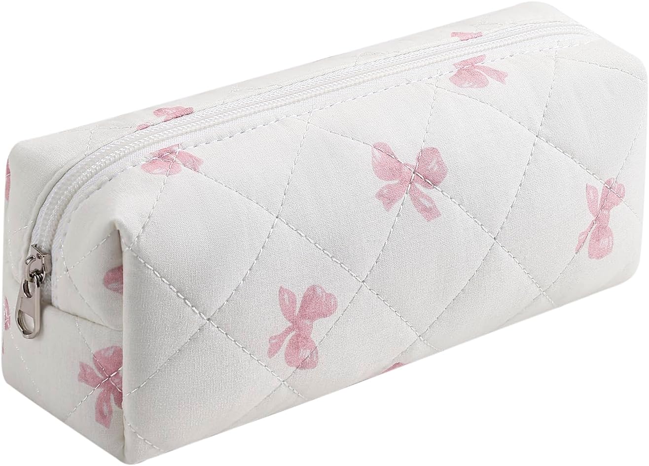 Cute Floral Cotton Makeup Brush Cosmetic Bag for Women, Travel Quilted Zipper Make Up Bag, Flowers Toiletry Organizer Case Kawaii Makeup Cosmetic Travel Cloth Pouch (Pink Bow Tie)