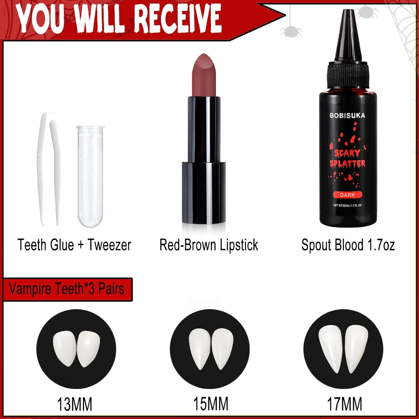 BOBISUKA Halloween Vampire Makeup Kit with Fake Blood, Red Brown Lipstick, 3 Pairs Vampire Teeth, Horror Cosplay Costume Accessories for Halloween, Vampire, Costume Party