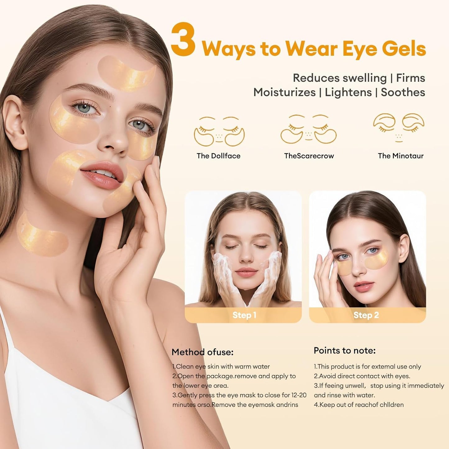 Under Eye Patches Gold Essence Hydrogel Eye Masks for Puffy Eyes and Dark Circles Caffeine Hyaluronic Acid & Niacinamide Deep Hydrating Eye Mask for Men & Women 60 PCS (Gold)