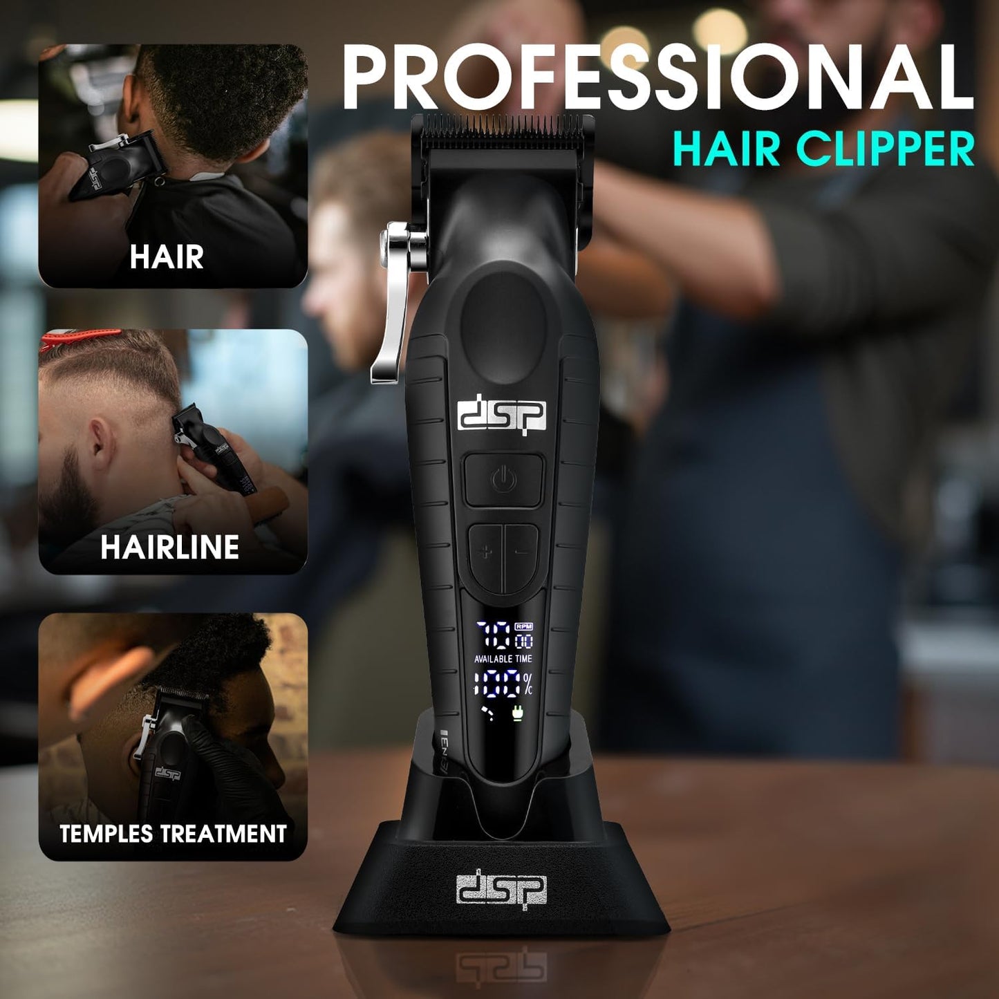 DSP Professional Hair Clipper for Men, Cordless Barber Clippers DLC, 7000RPM, Speeds Adjustable, Travel Lock, Low Noise with Charging Base