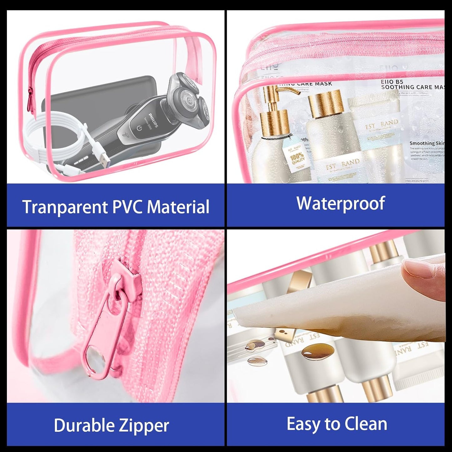 16-Piece Makeup Bags, Waterproof Toiletry Bag Carry Pouch Portable Cosmetic Bag PVCTravel Clear Pouches Carry-on Travel Essentials Transparent Storage Organizer Bag (Rose Pink-M)