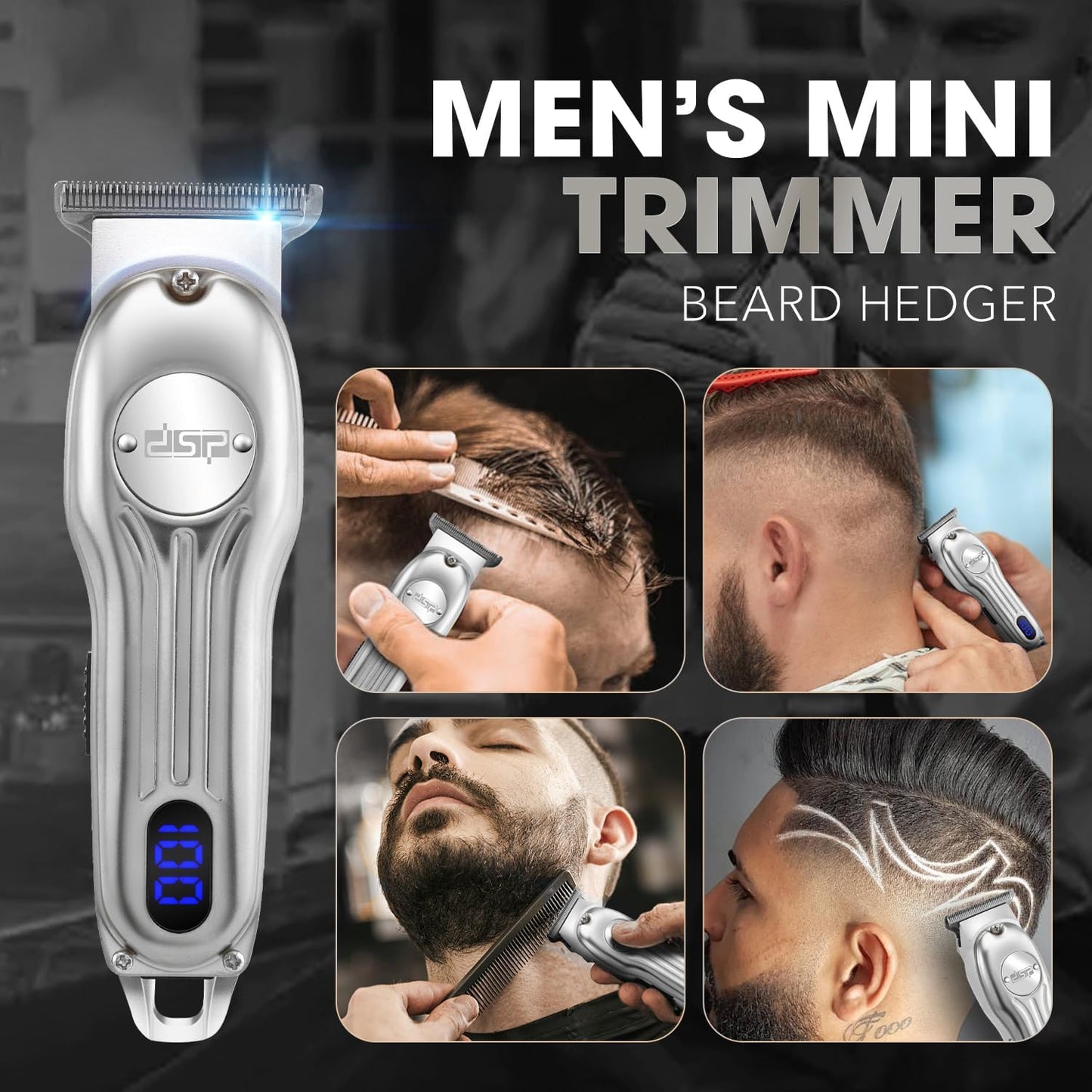 DSP Beard Trimmer for Men, Cordless Hair Clipper Shavers, Facial Hair Trimmer for Beard & Mustache Trimming, Professional Haircut Kit for Men Rechargeable LED Display (Silver)