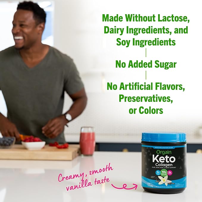 Orgain Keto Collagen Protein Powder, Vanilla - 10g Grass Fed Hydrolyzed Collagen Peptides for Women & Men, Type I & III, 5g MCT Oil - Hair, Skin, Nail, & Joint Support, Non-GMO, Gluten Free - 0.88lb