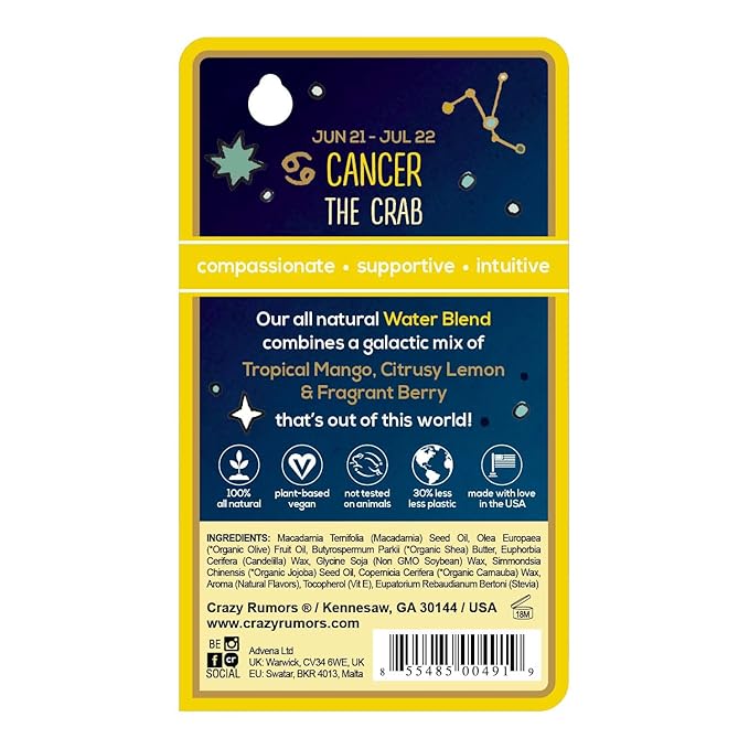 Crazy Rumors Cancer Zodiac All Natural, Plant Based Lip Balm to Moisturize and Nourish your Lips - Water Blend (Tropical Mango, Citrus Lemon, and Fragrant Berry)