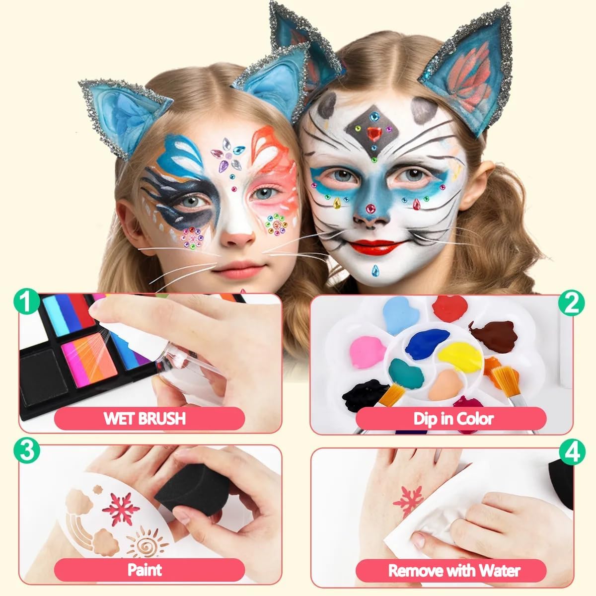 Face Painting Kit for Kids & Adults,18 Color+15 Color Non-toxic Water Activated Face Paint Palette,Halloween Makeup Kit.Ideal for Halloween,Carnival,Cosplay,Party,Arty Stage Makeup.