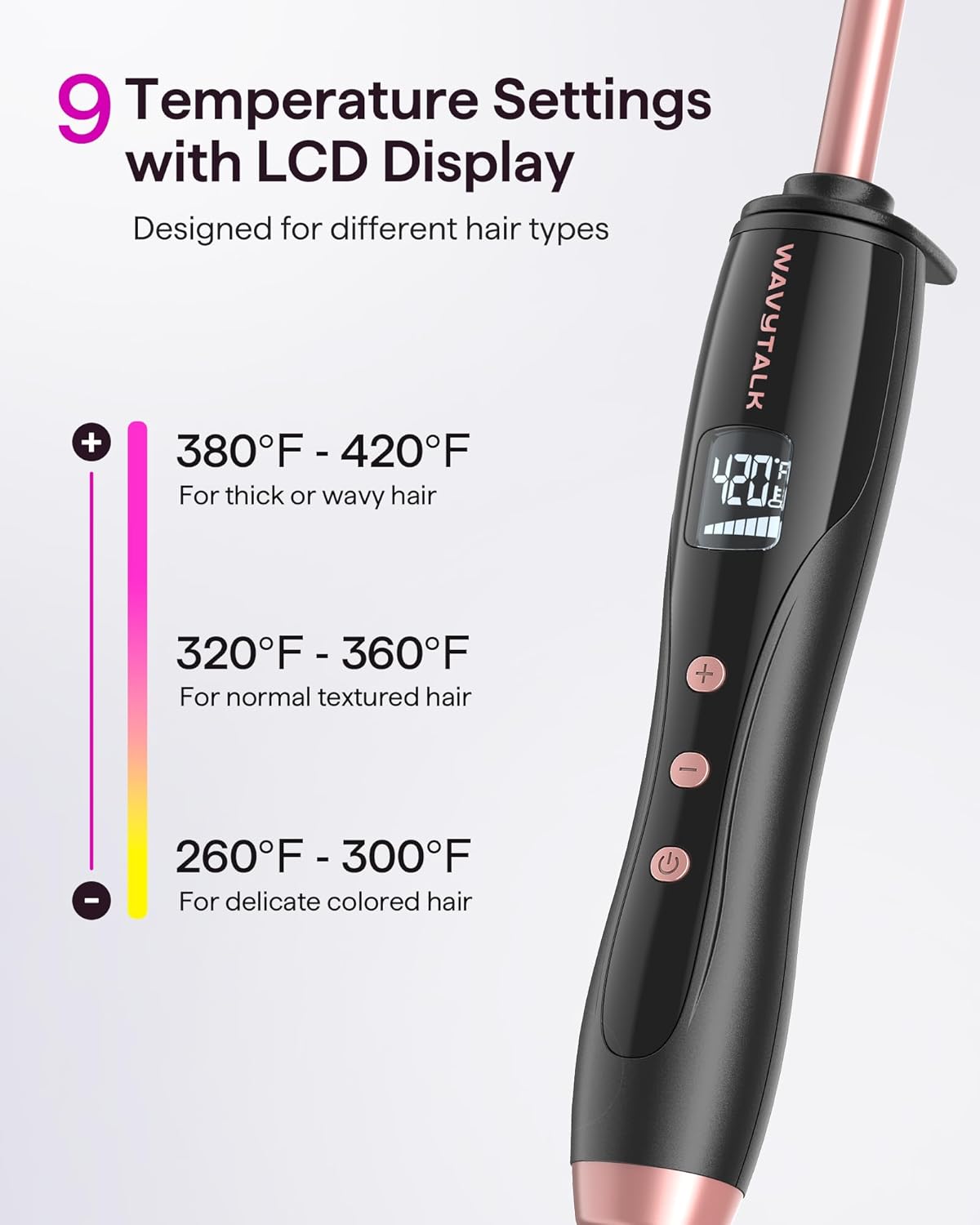 Wavytalk 3/8 Inch Small Curling Iron Wand for Short & Long Hair, Ceramic Barrel with Adjustable Temperature, Heat Resistant Glove Included (Rose Pink)