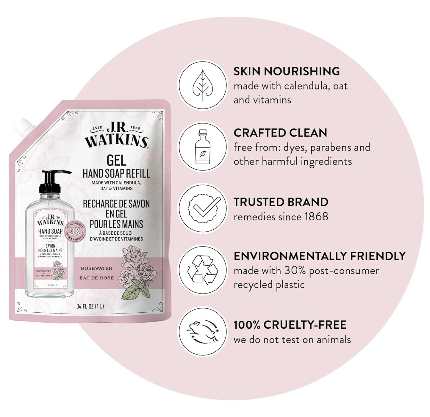 J.R. Watkins Gel Hand Soap Refill, Moisturizing Hand Wash, Formulated with Plant-Based Cleansers, Alcohol-Free, Cruelty-Free, Rosewater, 34 Fl Oz, 2 Pack