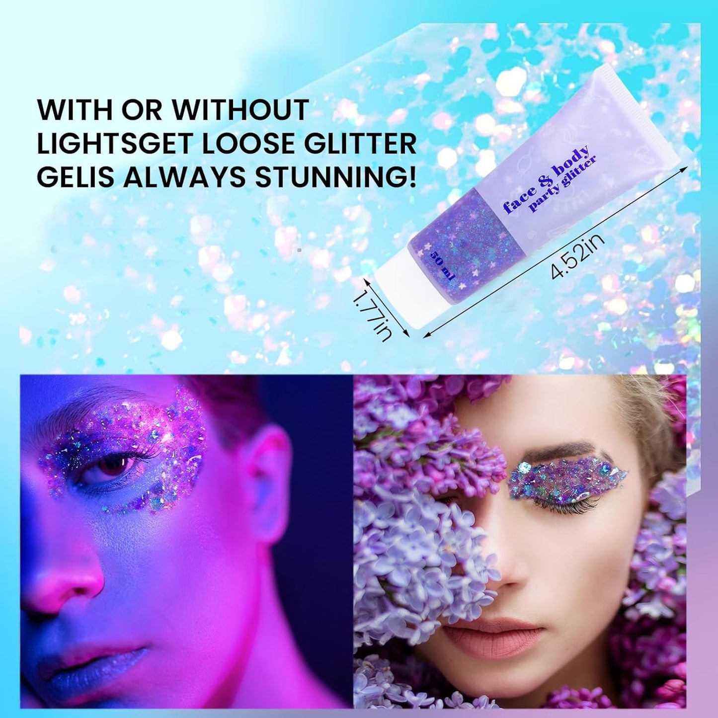 DAGEDA Body Glitter Gel, Face Glitters Body Gel Sequins Shimmer Liquid Eyeshadow, Chunky Glitter for Face Hair Nails, Holographic Cosmetic Laser Powder Festival Glitter Makeup1.7oz (Violet)