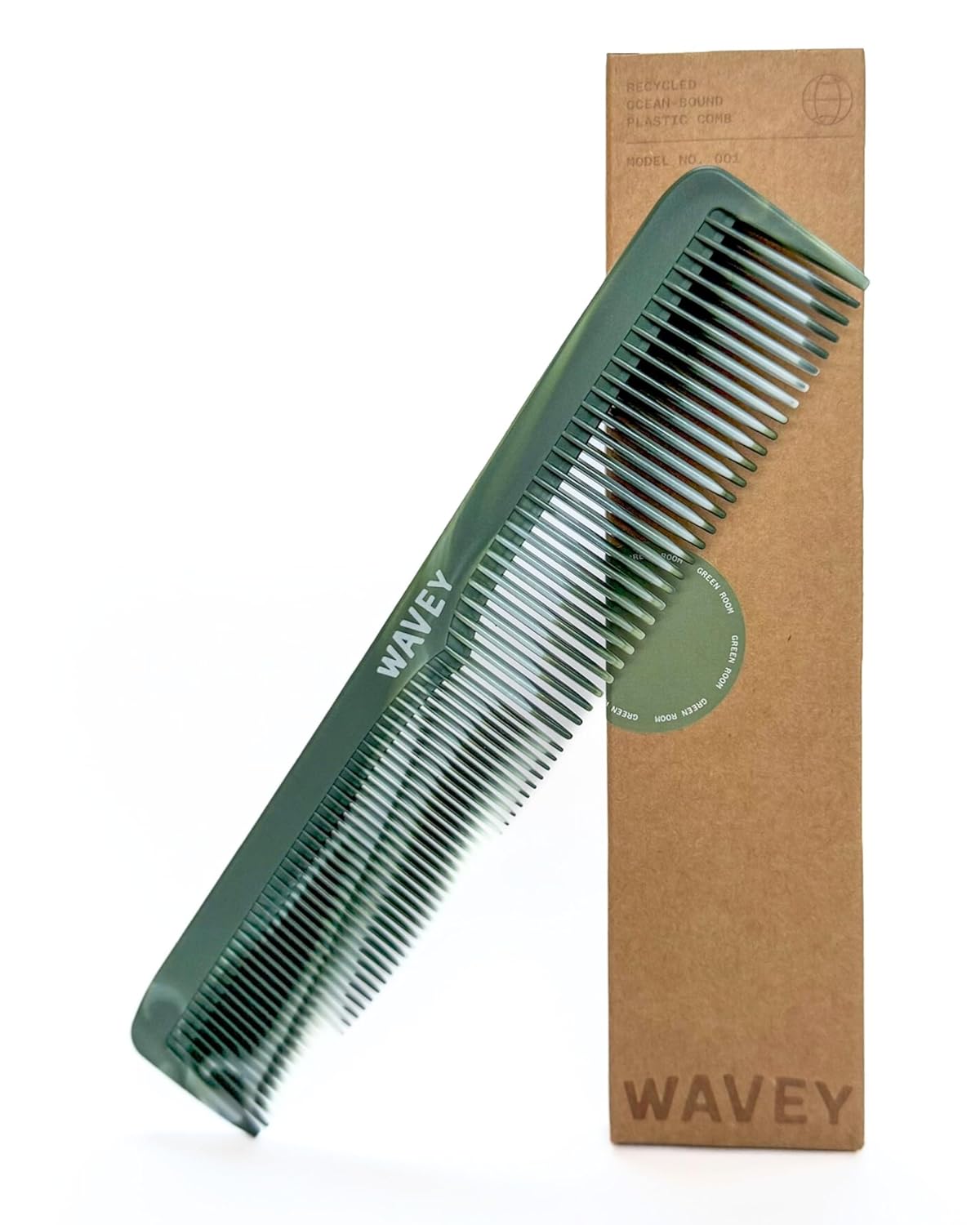 WAVEY Quality Hair Comb for Men and Women, Recycled Ocean Plastic, 7 Inches length perfect for home and travel, Wide and Fine Tooth for thick, thin, wavy, straight and curly hair styling - GREEN