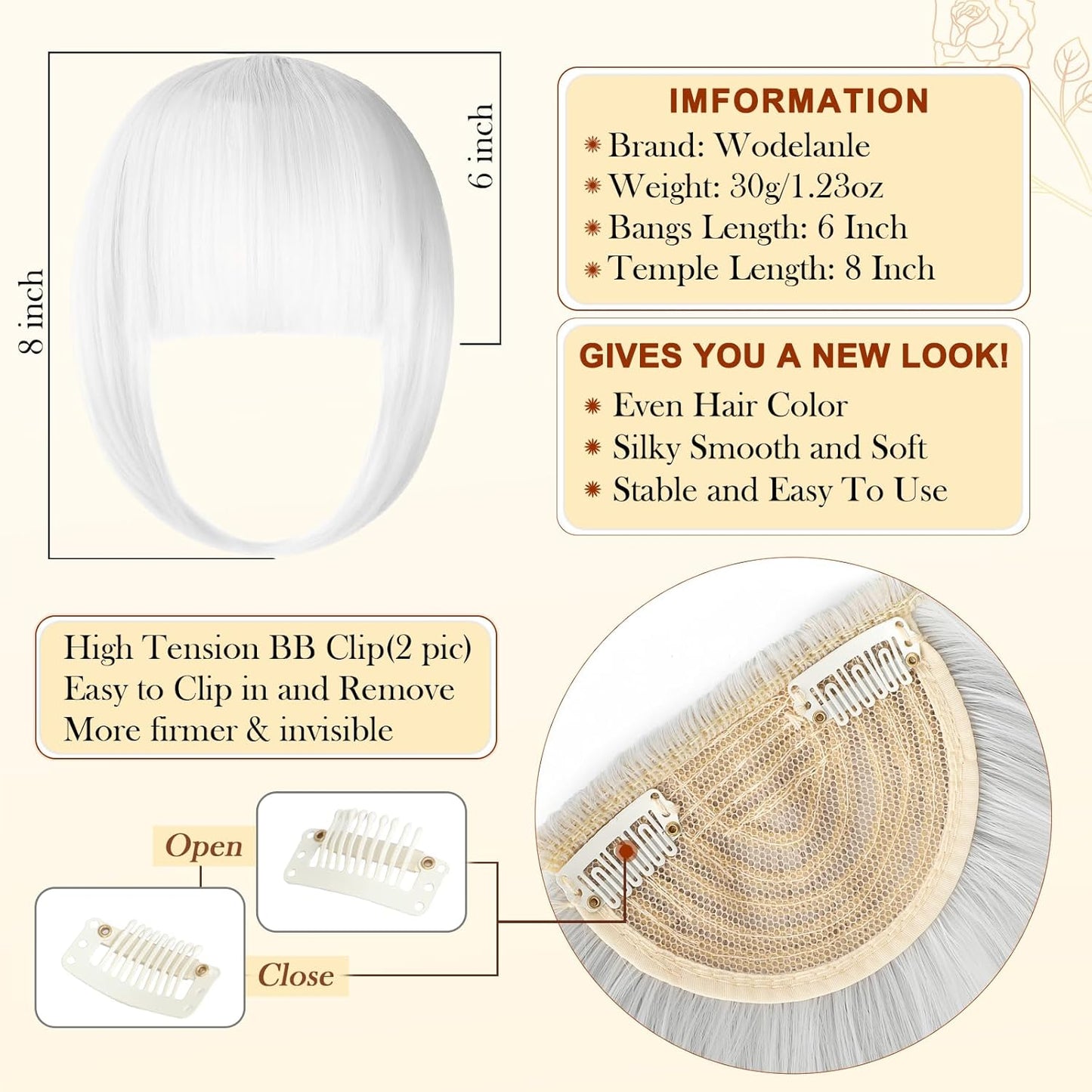 Bangs Hair Clip in Bangs, Fake Bangs Natrual Clip in Hair Extensions, Easy to Use Faux Bangs Clip on Bangs, French Bangs Fringe with Temples Hairpieces Curved Bangs for Daily Wear