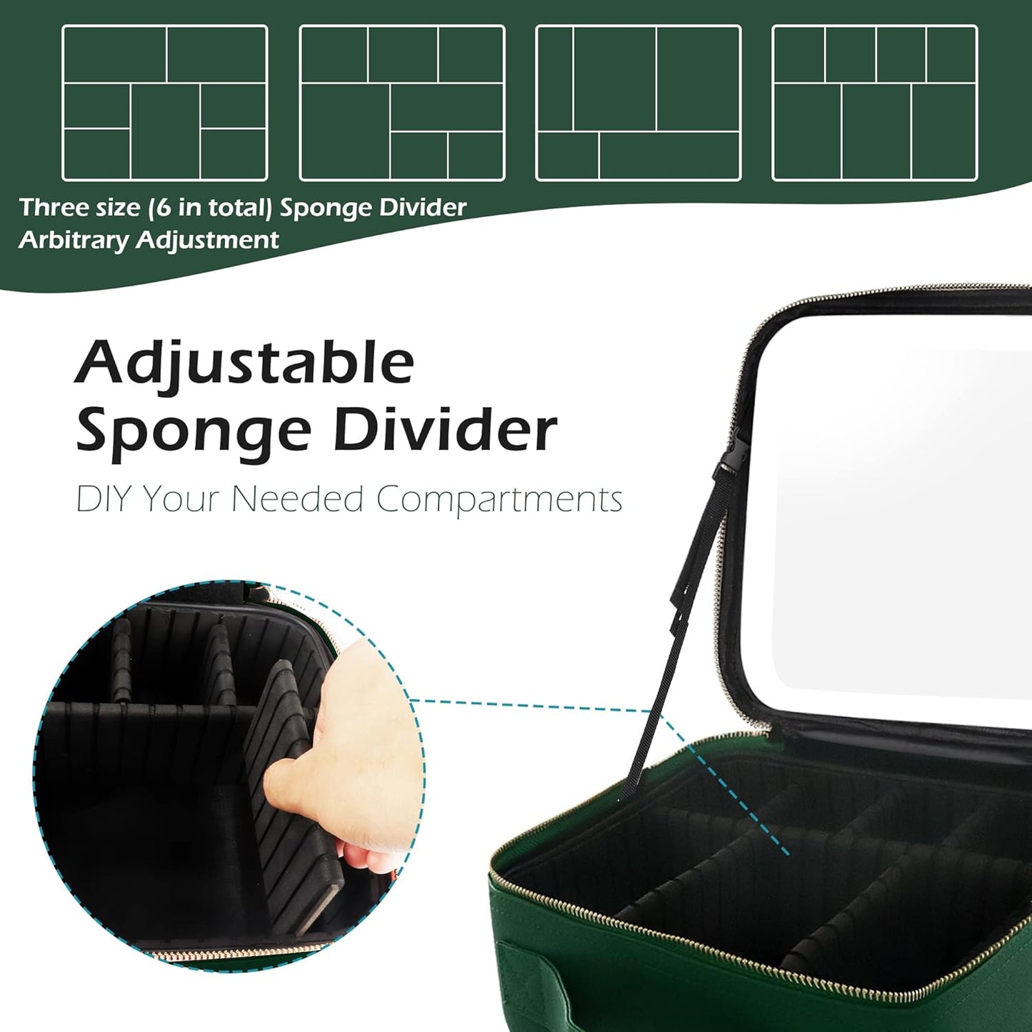 MOMIRA Travel Makeup Bag Cosmetic Bag Makeup Organizer Bag with Lighted Mirror, Adjustable Brightness in 3 Color Scenarios, Waterproof Makeup Train Case, Gift for Women - Emerald Green