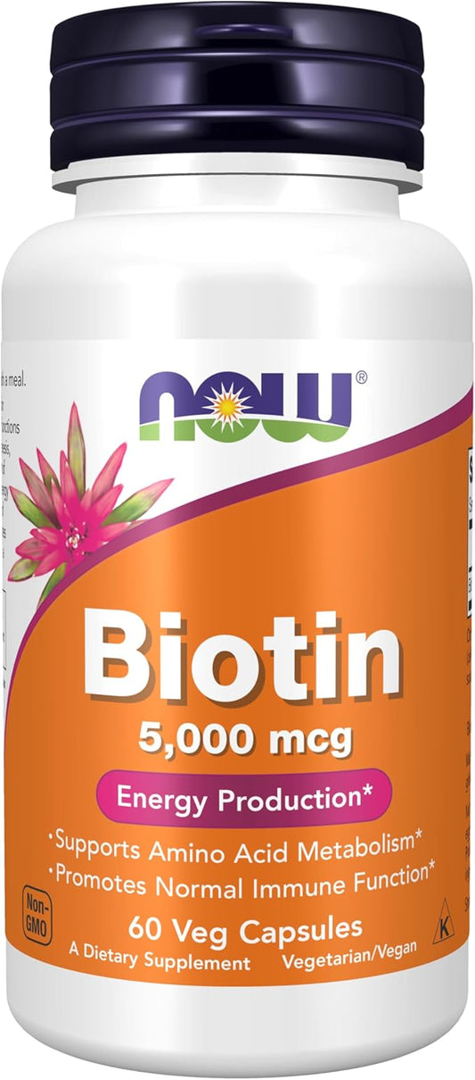 NOW Foods Supplements, Biotin 5,000 mcg, Amino Acid Metabolism*, Energy Production*, 60 Veg Capsules