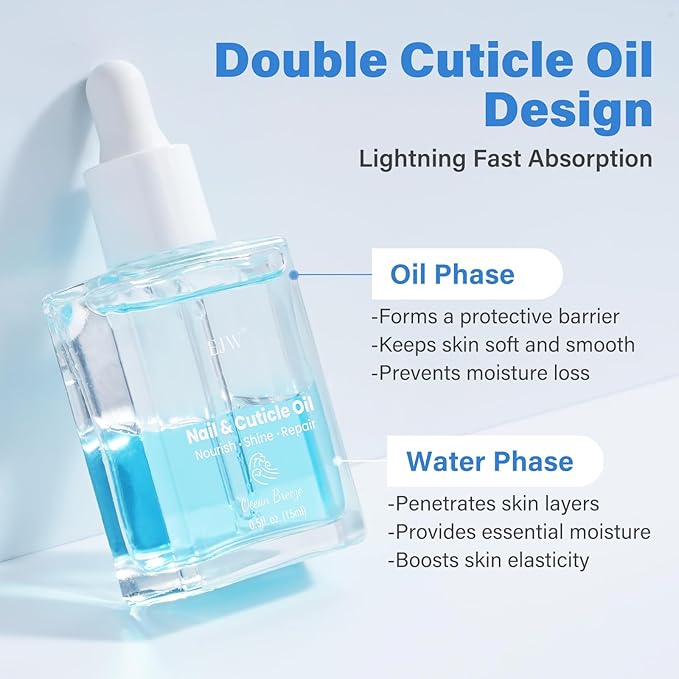 EJW Dual Layer Cuticle Oil for Nails - Nourishes & Repairs Dry, Damaged Cuticles, Strengthens Nails, Reduces Hangnails & Hand Lines, Fast-Absorbing Natural Formula, Ocean Breeze Scent, 0.5 fl. oz