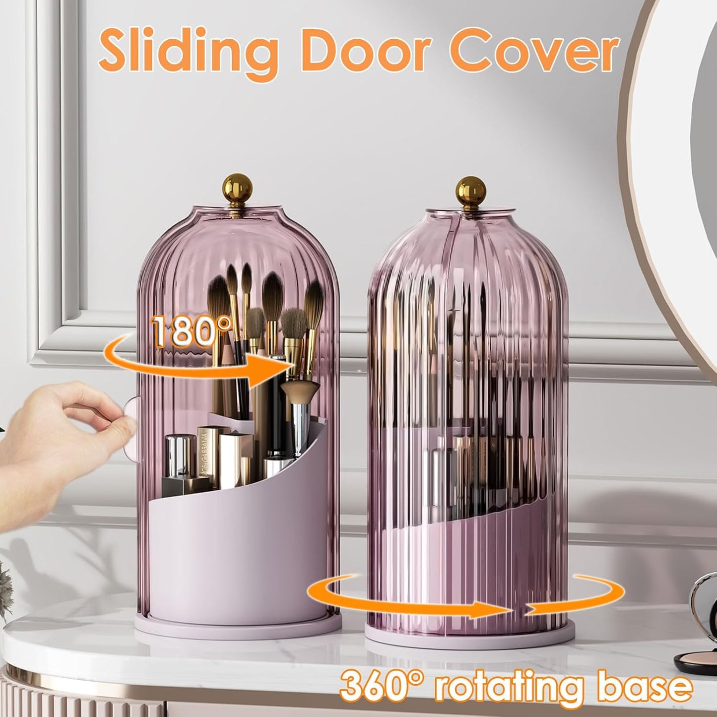 Makeup Brush Holder with Lid 360 Rotating Clear Dustproof Make Up Organizers for Vanity Bathroom Countertop, Pink