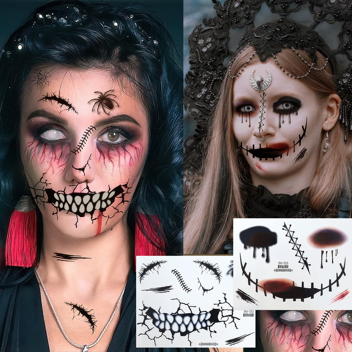 9 Sheets Halloween Scary Face Tattoos Stickers Fake Scars Stitches Bloody Mouth Prank Zombie Clown Makeup Temporary Tattoo Decals for Women Men Halloween Cosplay Party