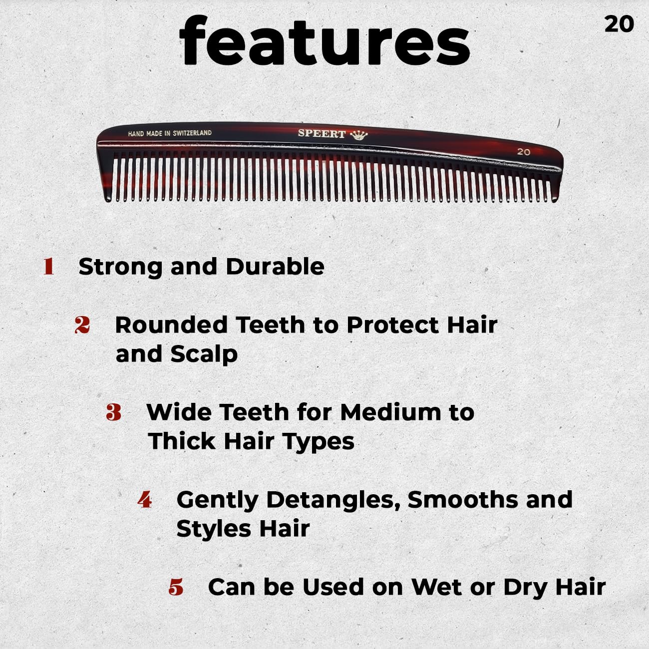#20 Handmade Wide Tooth Comb Tortoise Havana Acetate Thick Coarse Curly Detangling Parting Grooming Teasing Hair Styling Hairdresser Barber Hairdressing Wet Dry Pocket Travel Women Men Kids