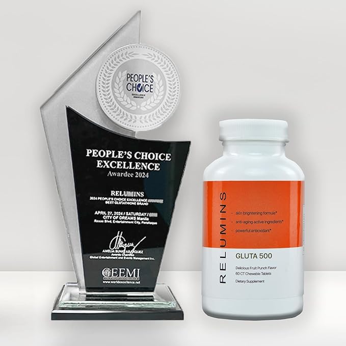 Relumins Gluta 500 - Chewable/Sublime Wall Glutathione Complex with Advanced Skin Nutrition - Hyaluronic Acid, VIT C, Biotin Plus 4 Powerful Actives - Fruit Punch Flavored - 60CT