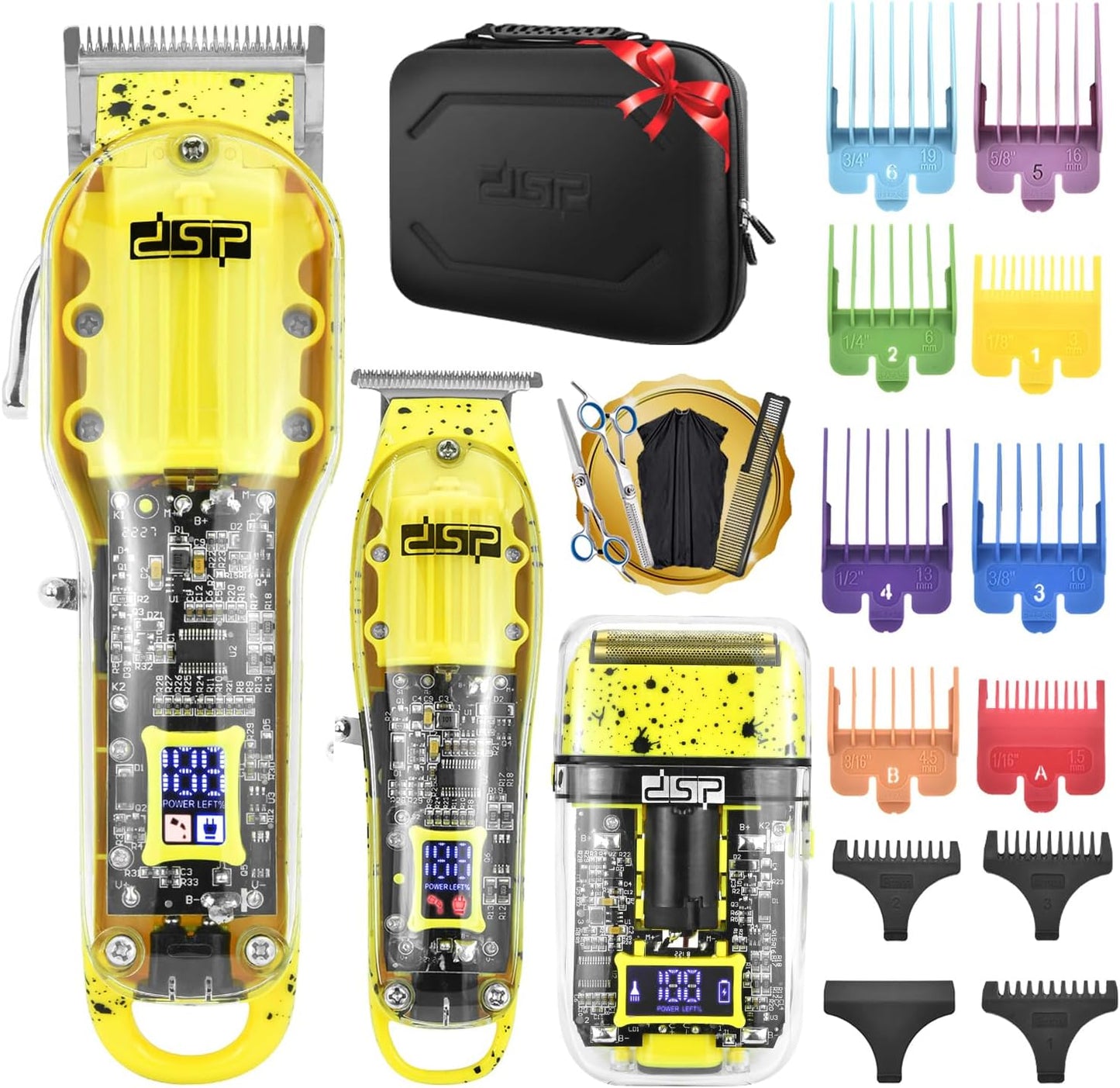 DSP Hair Clipper, Trimmer, Shaver Kits for Men Professional Barber Clipper and Trimmer Sets with Travel Case, Rechargeable, LED Display, Yellow