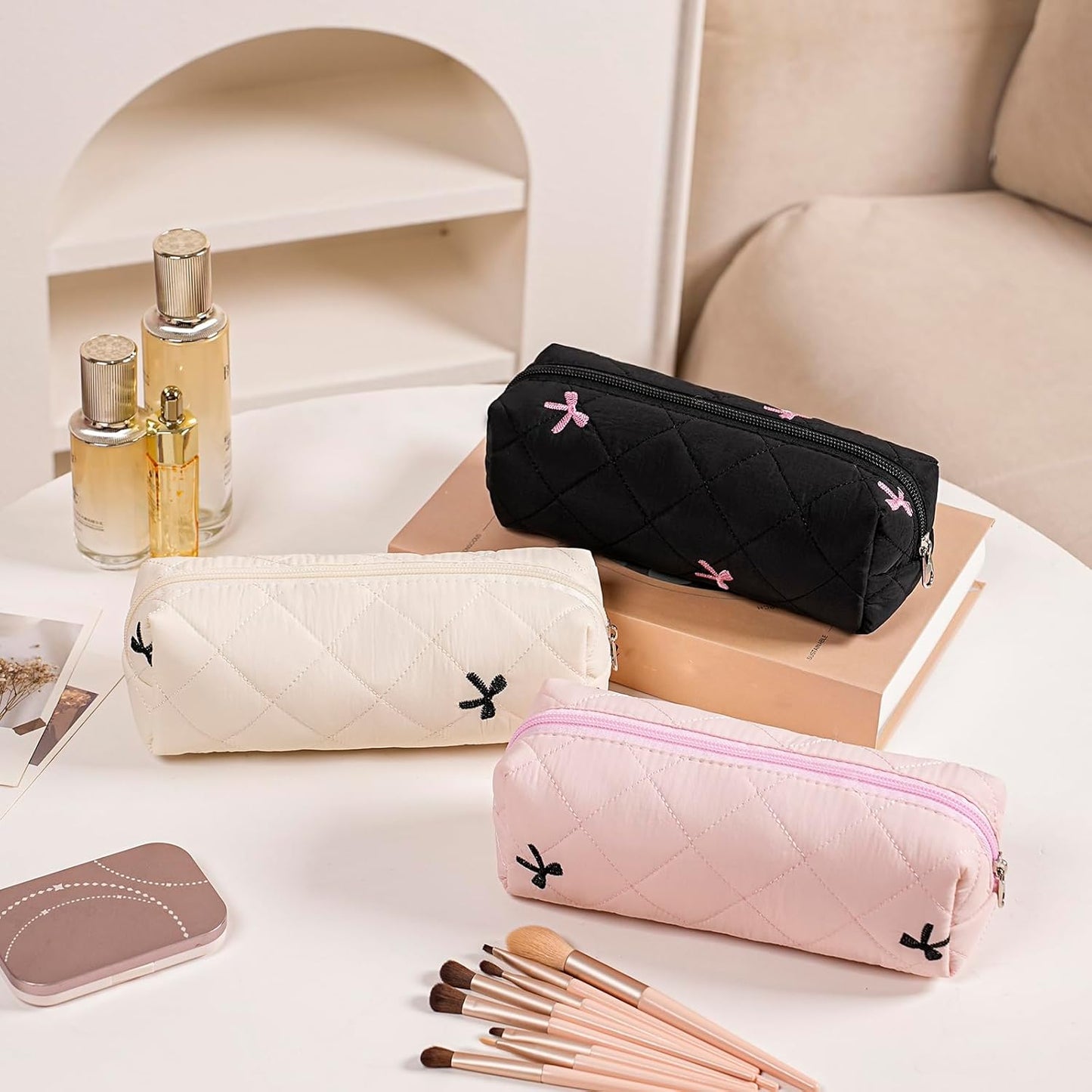 Cute Floral Cotton Makeup Brush Cosmetic Bag for Women, Travel Quilted Zipper Make Up Bag, Flowers Toiletry Organizer Case Kawaii Makeup Cosmetic Travel Cloth Pouch (Pink+Black)