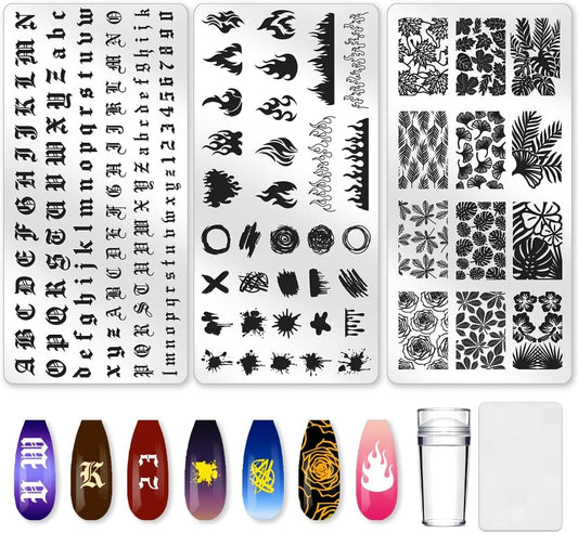 3Pcs Flame Nail Stamping Plate Letter Number Leaves Nail Stamp Templates Nail Art Stamp Plates Image Plate Stainless Steel DIY Reusable Tools with Stamper Scraper for Manicure Printing