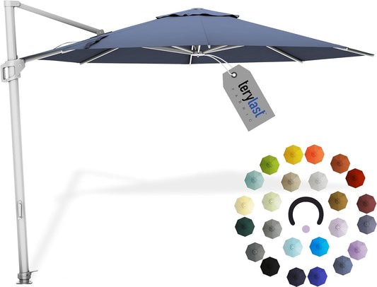 Midtown Umbrellas 10 Ft Outdoor Cantilever Patio Umbrella w/Terylast Light Navy Fabric - Rotate Tilt 360° Offset Patio Umbrella, Deck Patio Umbrella, Backyard Umbrella & Garden Umbrella - Silver Frame