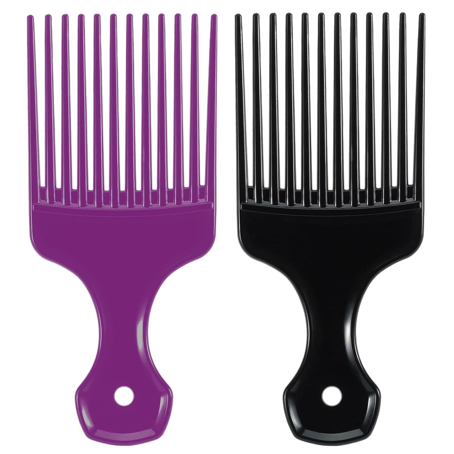 SIMPOR 2 Pcs Hair Pick Comb Wide Tooth Lift for Hair Styling Detangling Plastic Afro Pick for Women Men (Purple, Black)